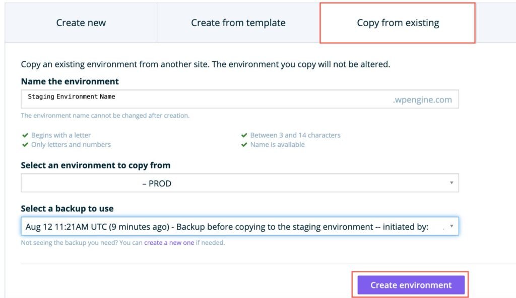 How to create staging environment in WPEngine